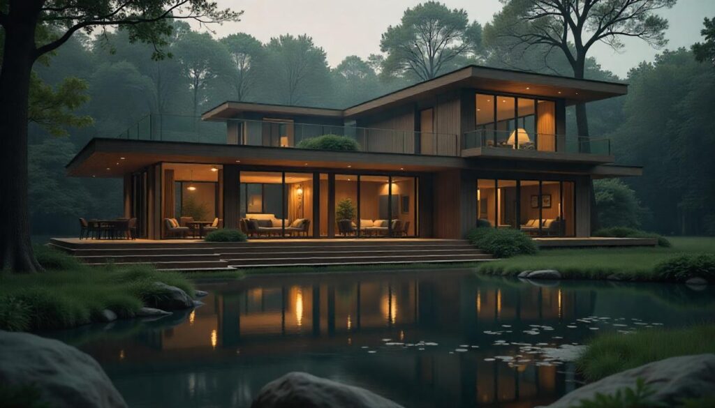Modern wooden and glass home surrounded by tropical greenery