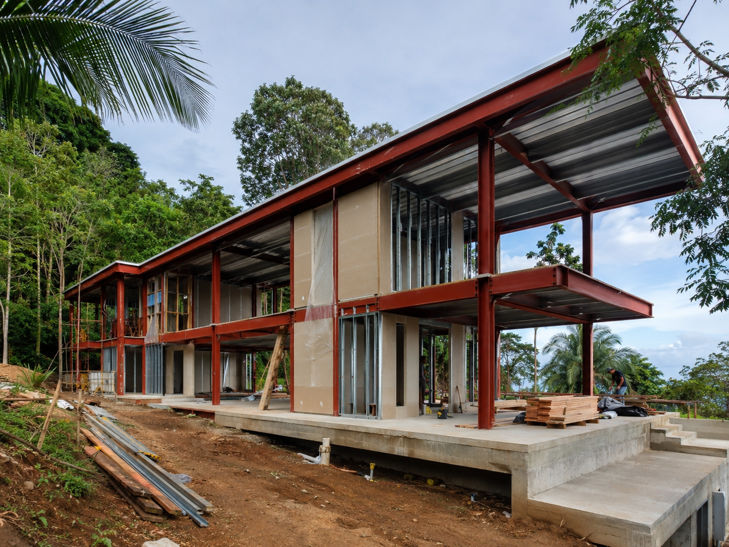 Structural steel and panelized building under construction on a tropical site