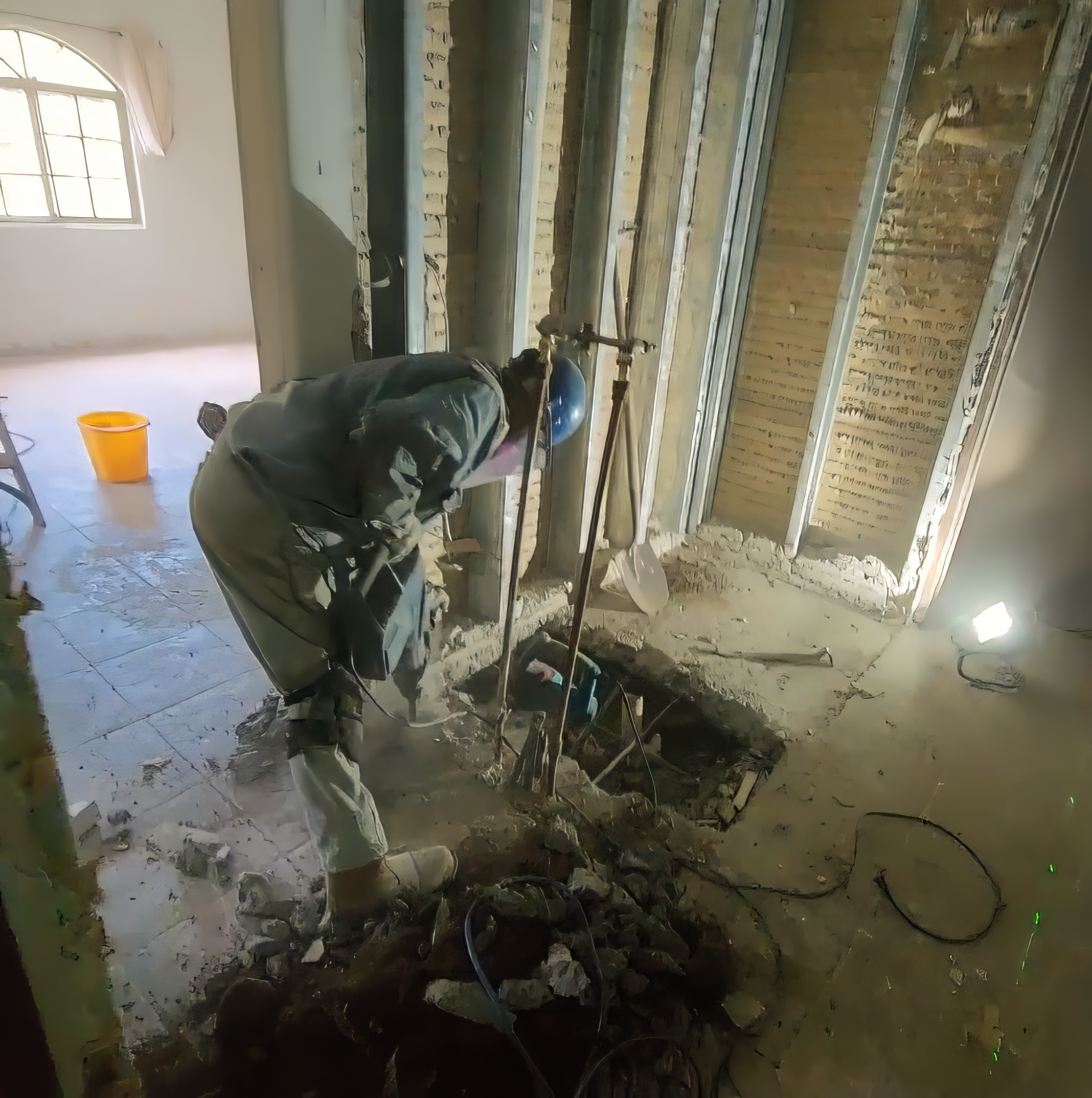 Person reviewing exposed structural work inside a renovation site