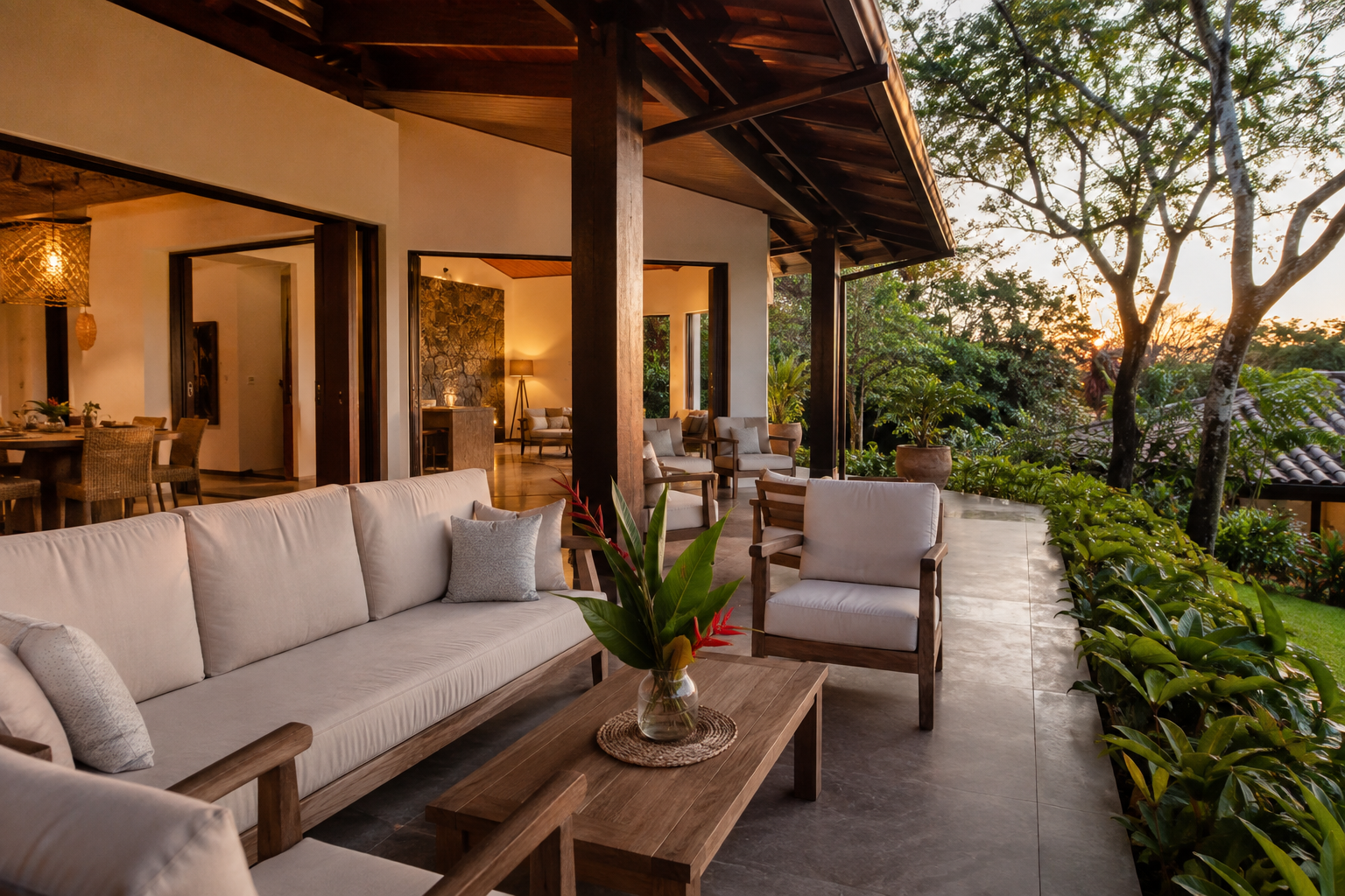 Finished covered outdoor living area at sunset