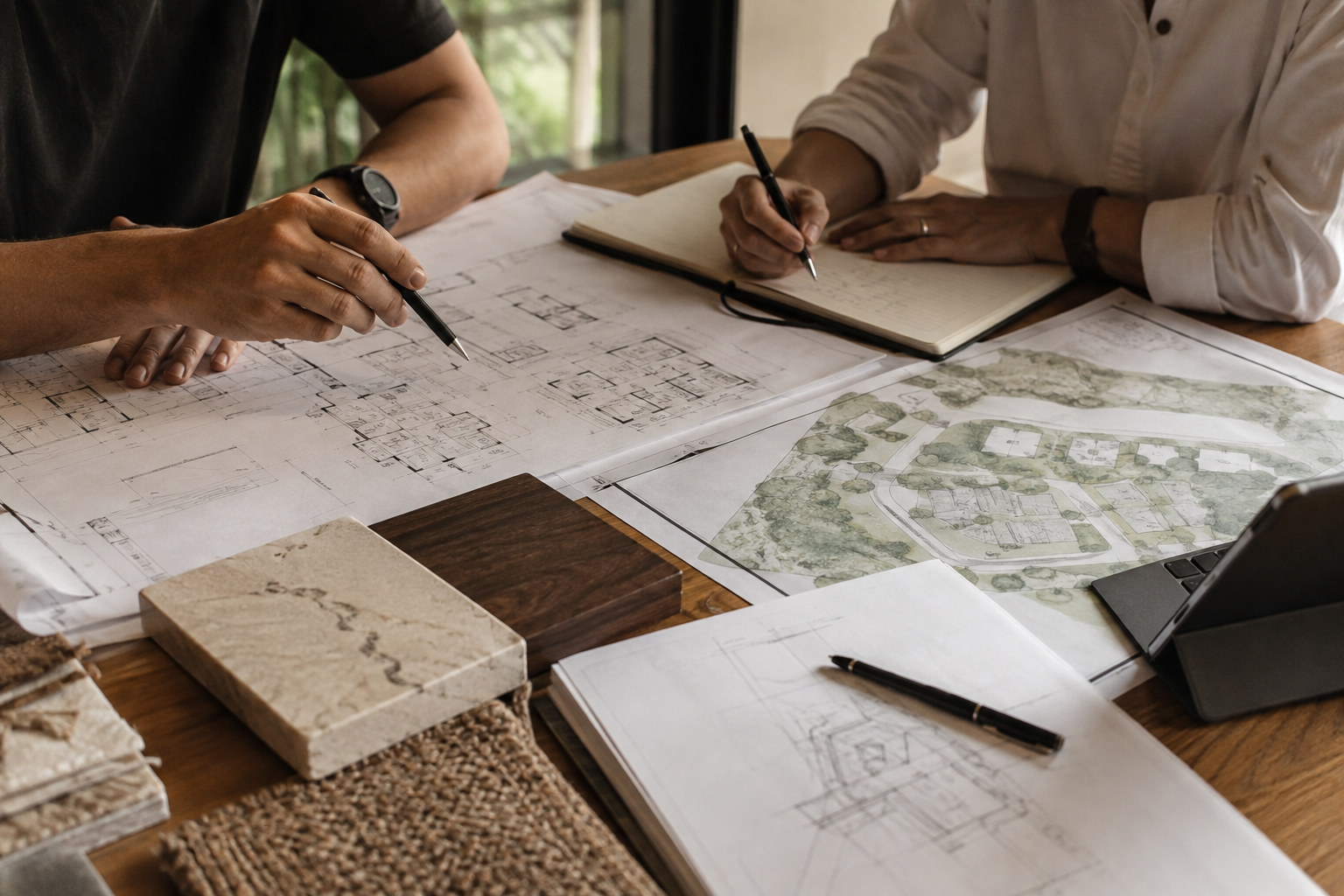People reviewing plans, site drawings and material samples at a table